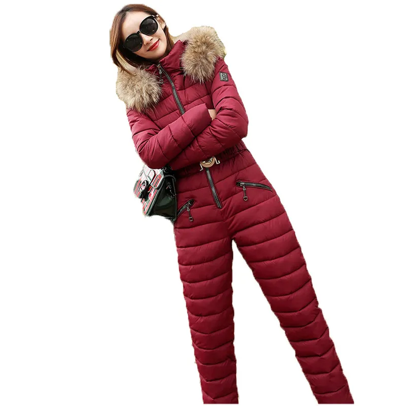 Two piece set women black pink red parka and cotton pants sets 2019 new autumn winter loose slim warmth clothing LR313