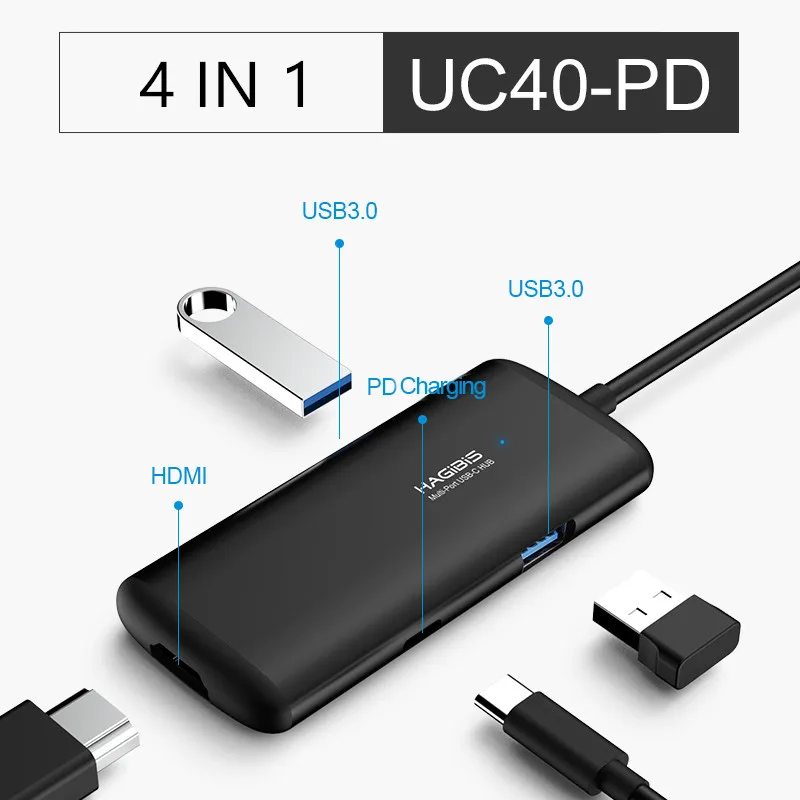 UC40-PD Хагбис тип-c концентратор Многофункциональный USB 3,0 концентратор USB C к HDMI/VGA/AUX/RJ45/SD/TF кард-ридер/PD зарядный адаптер для MacBook PC - Цвет: UC40-PD