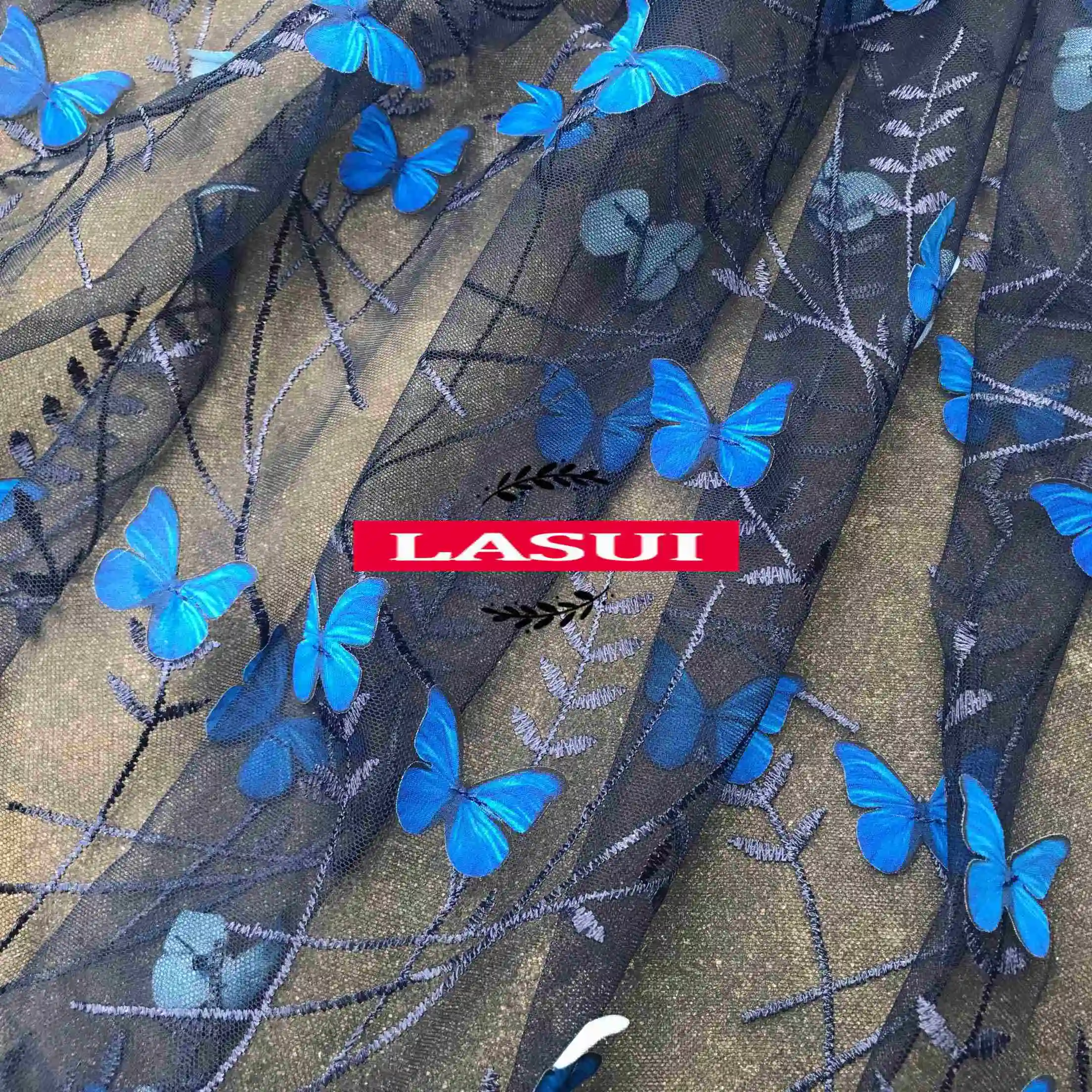 

LASUI 1 ярд 2019 новая юбка X0520 сделай сам, аксессуары для свадебного платья, красивая темно-синяя сетчатая кружевная ткань с 3D вышивкой бабочки