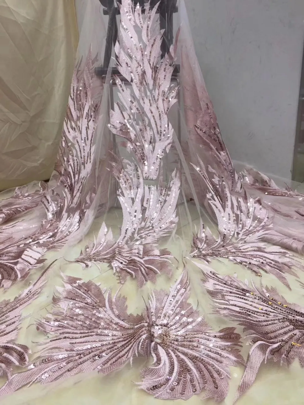 Nigerian lace fabric for 2019 African French wedding high quality sequins floral pink flash | Дом и сад