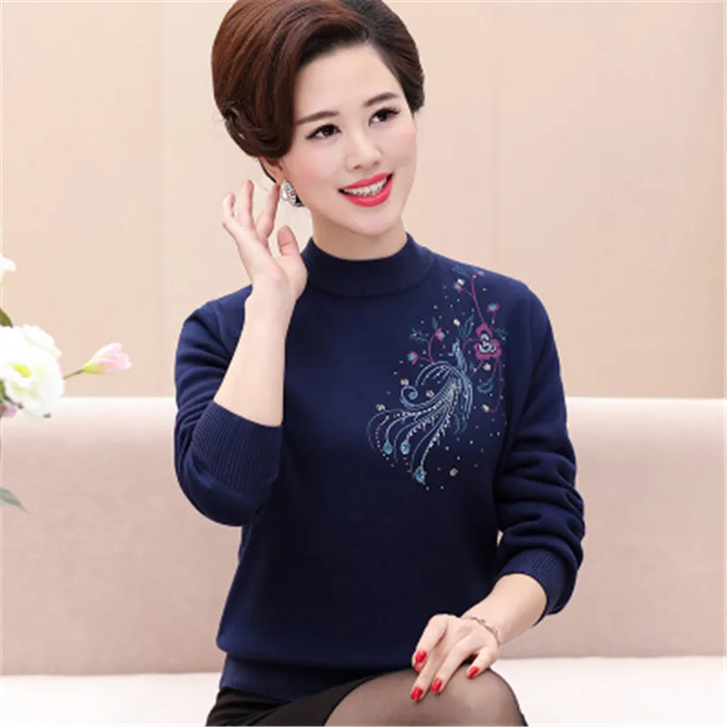 Women Autumn Winter Knit Sweater Bottoming shirt Flocking Warm Middle aged Female Pullover Plus size Diamond Sweaters OKXGNZ1299 | Женская