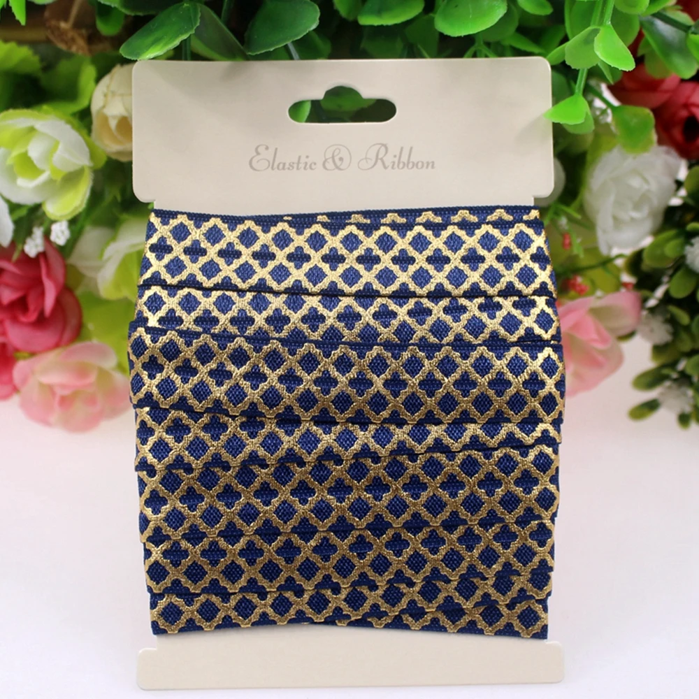 

5/8" fold over elastic gold foil small quatrefoil 370 navy 10yards/lot without card, retail sale for DIY