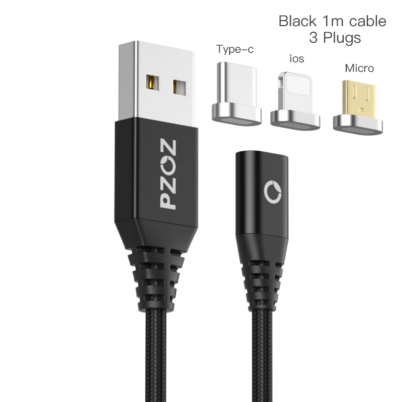 PZOZ Магнитный кабель type C Micro USB C адаптер для iphone 8 samsung Microusb type-C зарядное устройство для телефона usb Магнитный кабель Быстрая зарядка - Цвет: Black 3 plugs