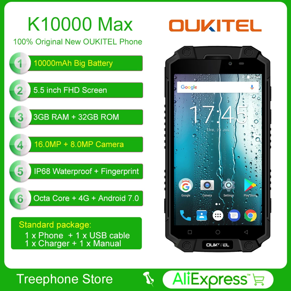 OUKITEL K10000 Max 10000 мАч IP68 Смартфон Android 7 0 Octa Core мобильный телефон отпечатков пальцев 3 +