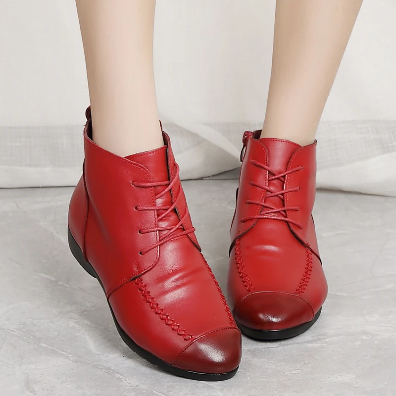 ZZPOHE Fashion Genuine Leather Women Boots Women's Soft Flat Ankle Shoes Femme Ladies Warm Snow Winter | Обувь