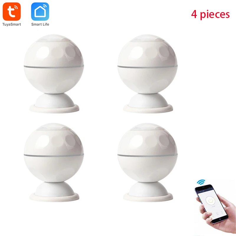 4 pieces Умный WiFi PIR датчик движения Детектор с магнитным кронштейном для домашней безопасности, WiFi инфракрасный детектор совместим с IOS и Android - Комплект: 4 pieces