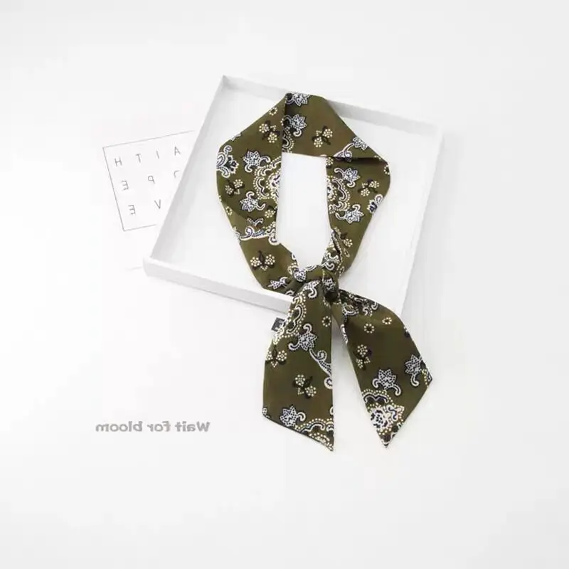 army green flower Luna& Dolphin, женский длинный шарф, 86x6 см, черно-белые шифоновые шелковые шарфы, богемский клетчатый галстук, шарф, повязка на голову, сумка, лента, цветок, колье - Цвет: army green flower