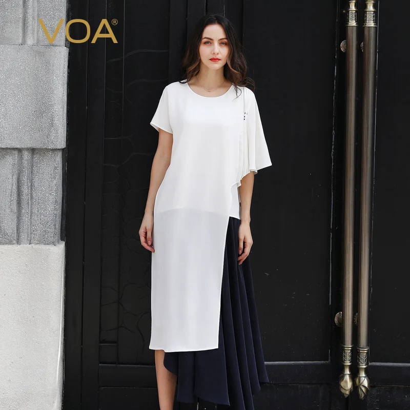 VOA нерегулярная Тяжелая шелковая футболка для женщин Белый Свободный пуловер
