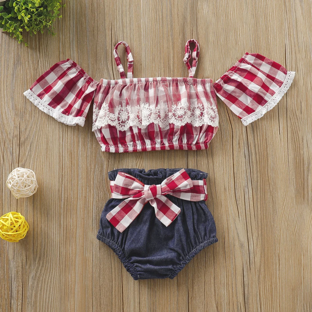 Детский клетчатый Кружевной укороченный топ с открытыми плечами для маленьких