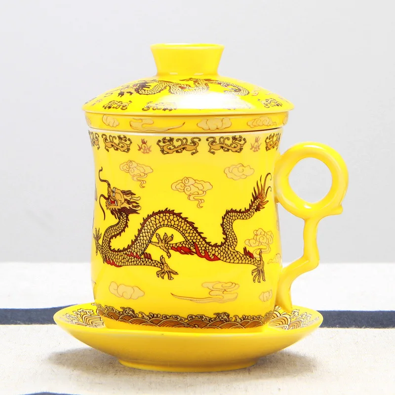 Королевский стиль, чайная кружка с крышкой, фильтр, блюдце, набор, ручная роспись, Рисунок дракона, керамическая фарфоровая посуда для напитков, чайная посуда, кофейные чашки для молока - Цвет: A