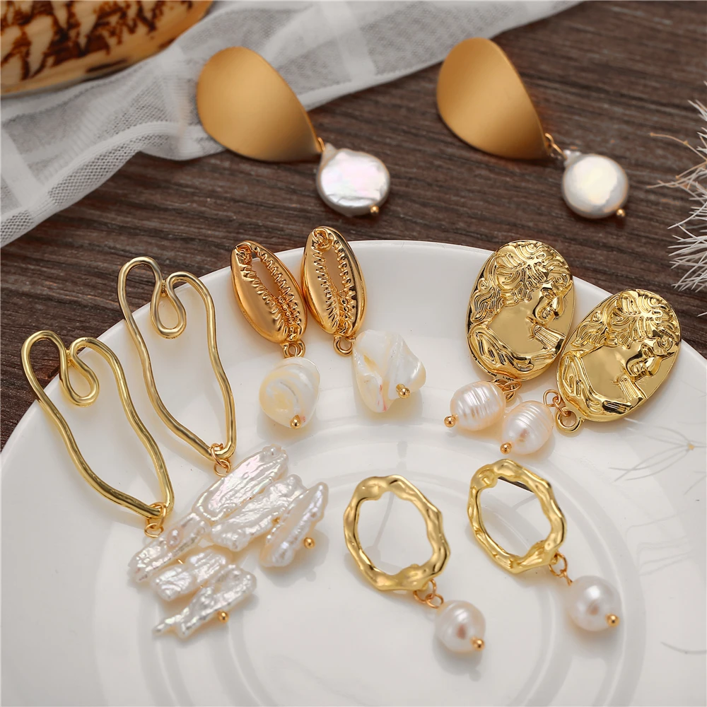 Женские серьги подвески IF ME Винтажные золотого цвета с натуральным пресноводным