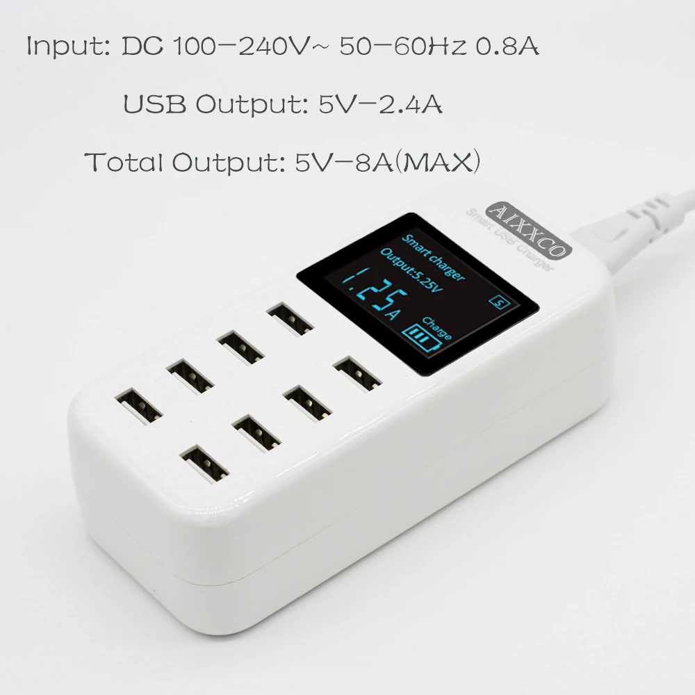 AIXXCO Смарт 8A USB зарядное устройство с ЖК дисплеем 8 usb портами питания для iphone samsung