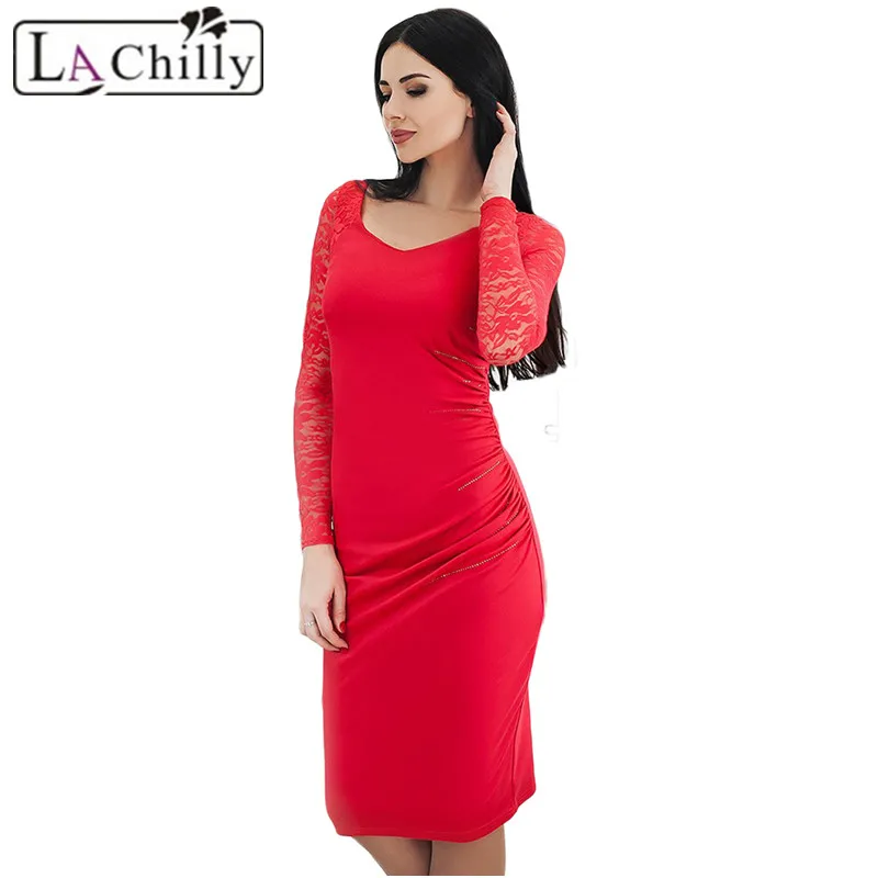 La chilly sukienka Vestido миди пикантные красные черные Кружево с длинным рукавом Вышивка