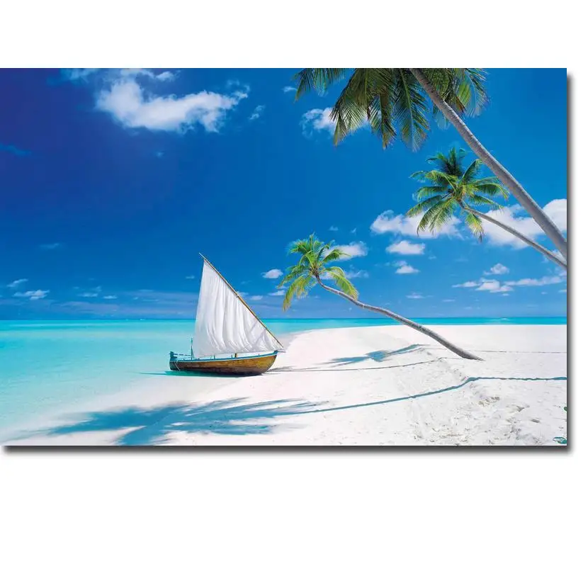 

Tropical Beach Sea Waves Art Canvas Poster Print Sailing Boat Landscape Wall Picture Home Living Room Decor