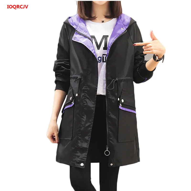 

Women's Trench Coat 2019 Spring Autumn Casual Zipper Hooded Coats Large Size Loose Long-sleeved Female Windbreaker Overcoat 656