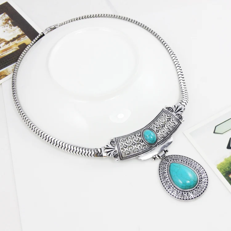 Винтажный металлический чокер-ожерелье с серебряной цепью и голубым камнем с камнями - утверждение ожерелья для женщин ювелирных изделий nkek98.