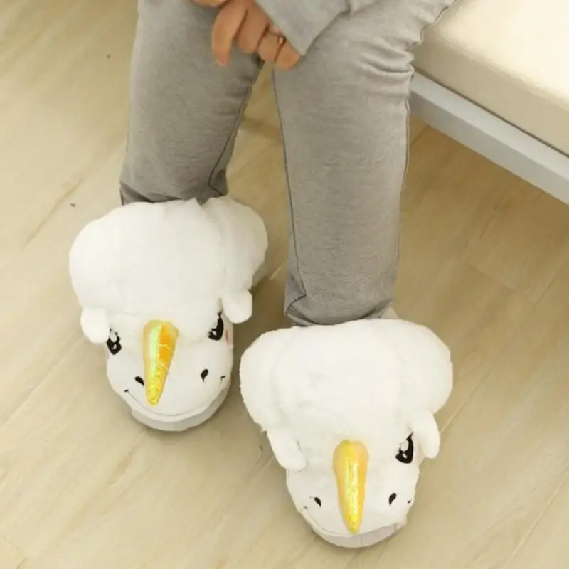 Зимние теплые домашние тапочки белая плюшевая хлопковая обувь в виде единорога