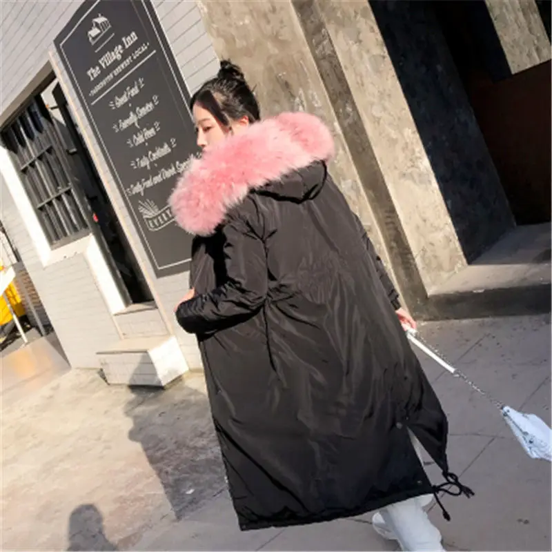 black Новые зимние куртки с хлопковой подкладкой, Женская хлопковая одежда, женское длинное плотное зимнее пальто с капюшоном, большой меховой воротник, парка X82 - Цвет: black