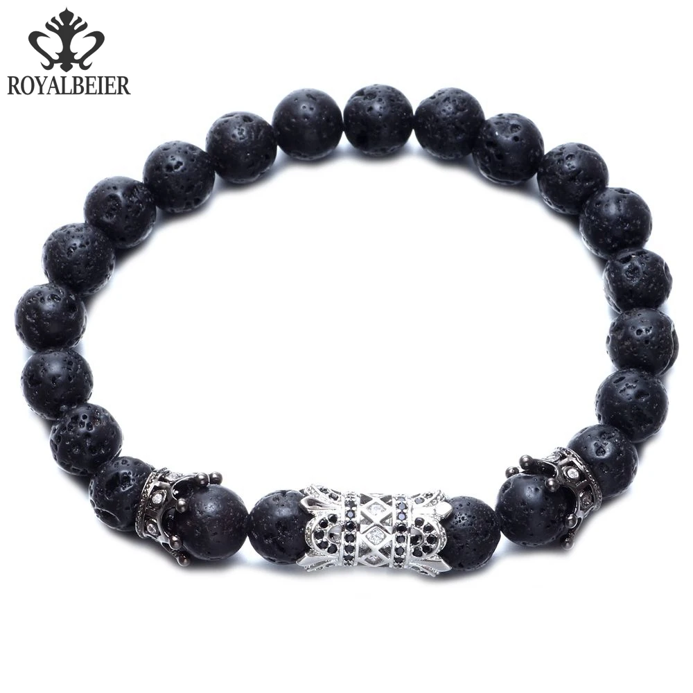 

RoyalBeier Trendy Natural Volcanic Lava Stone Energy Beads Bracelet Skull Charms Buddha Beaded Bracelet Jewelry For Men SZ0486