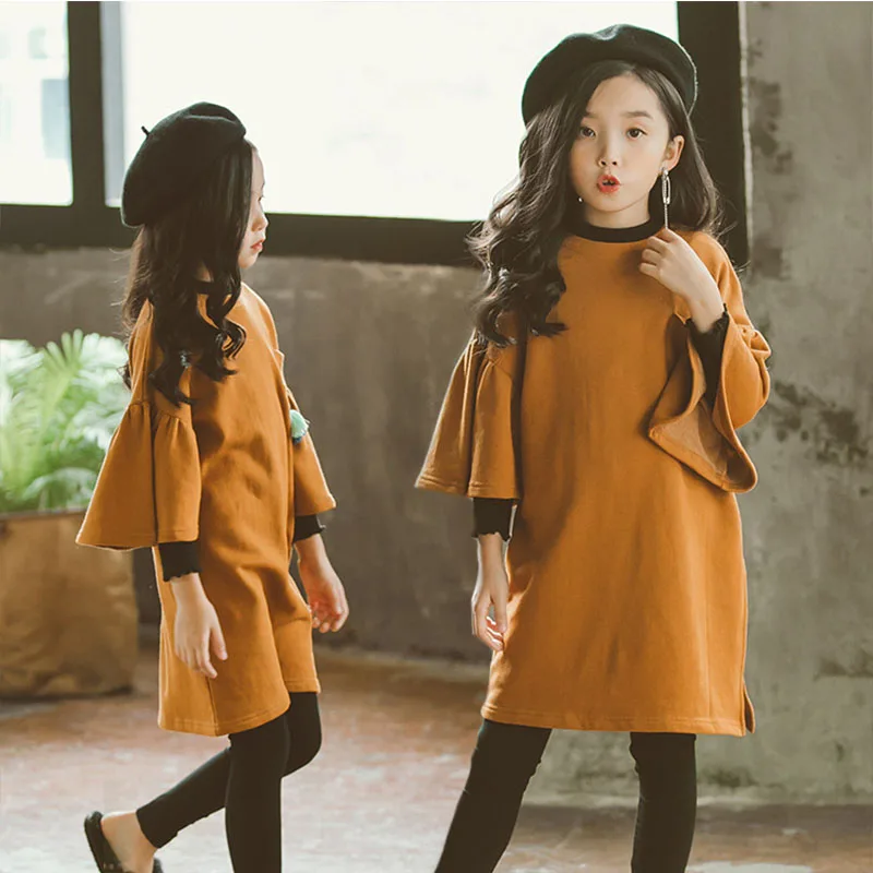 teenage girls long sleeve dresses with pockets autumn spring 2018 brown green sweatshirts hoodies dress baby girl clothes | Детская