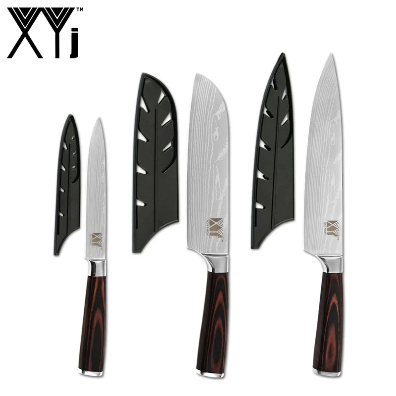 F.3Pcs Set and cover XYj дамасский нож из нержавеющей стали с узором 7CR17 цвет деревянная ручка шеф-повара нож подставка точилка бар заточка инструменты аксессуар - Цвет: F.3Pcs Set and cover