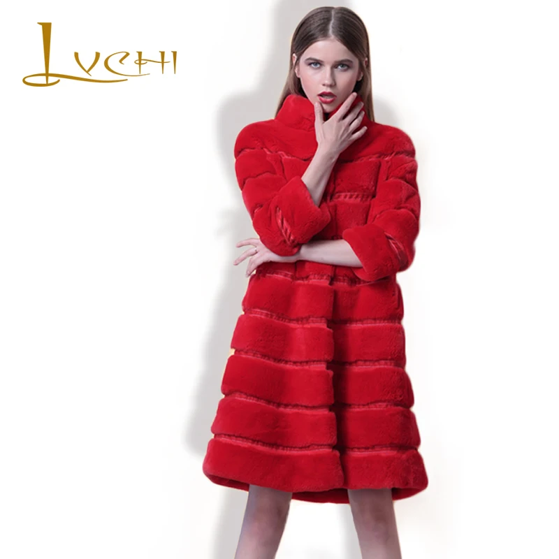 

LVCHI Natural fur Women's Sweet style Coats Women Black Fur Leather Whole Skin Stripe fur Coat Rex rabbit Three Quarter Coat