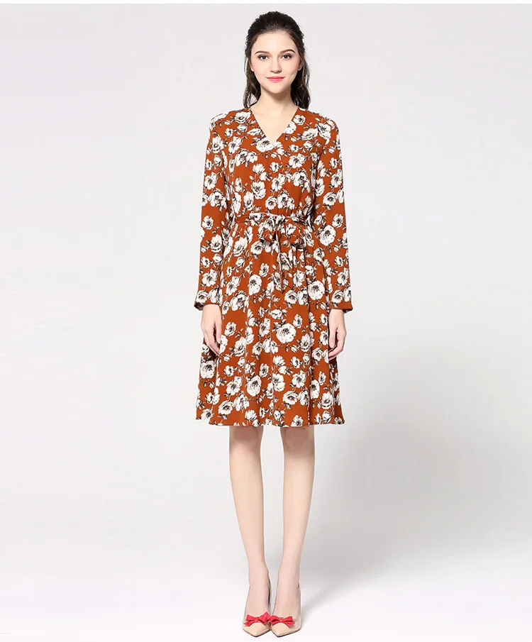 2019 spring design women floral print A-line dresses plus size V neck sexy flowers casual dress with sash Caramel color | Женская одежда