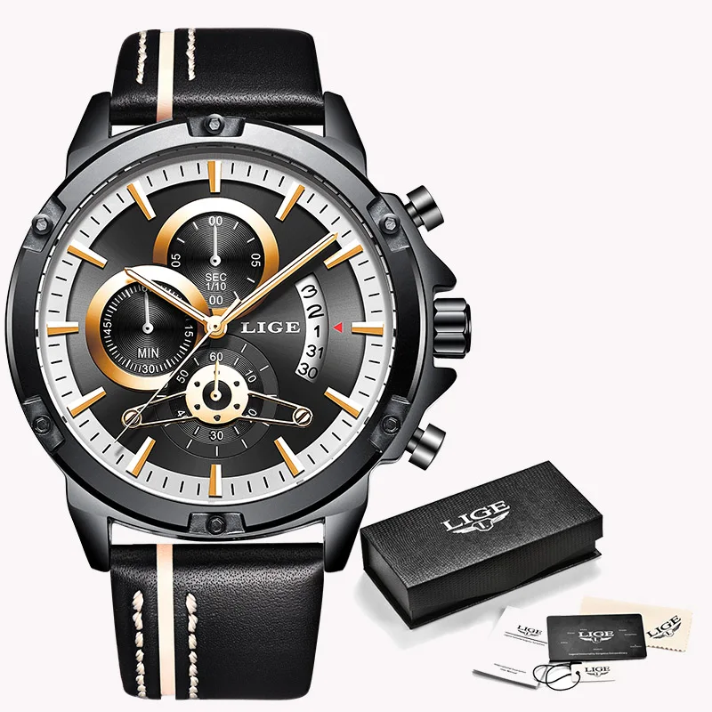 Black rose gold Новинка, мужские часы LIGE s, Топ бренд, роскошные мужские военные спортивные часы, повседневные кожаные водонепроницаемые кварцевые часы, Relogio Masculino - Цвет: Black rose gold