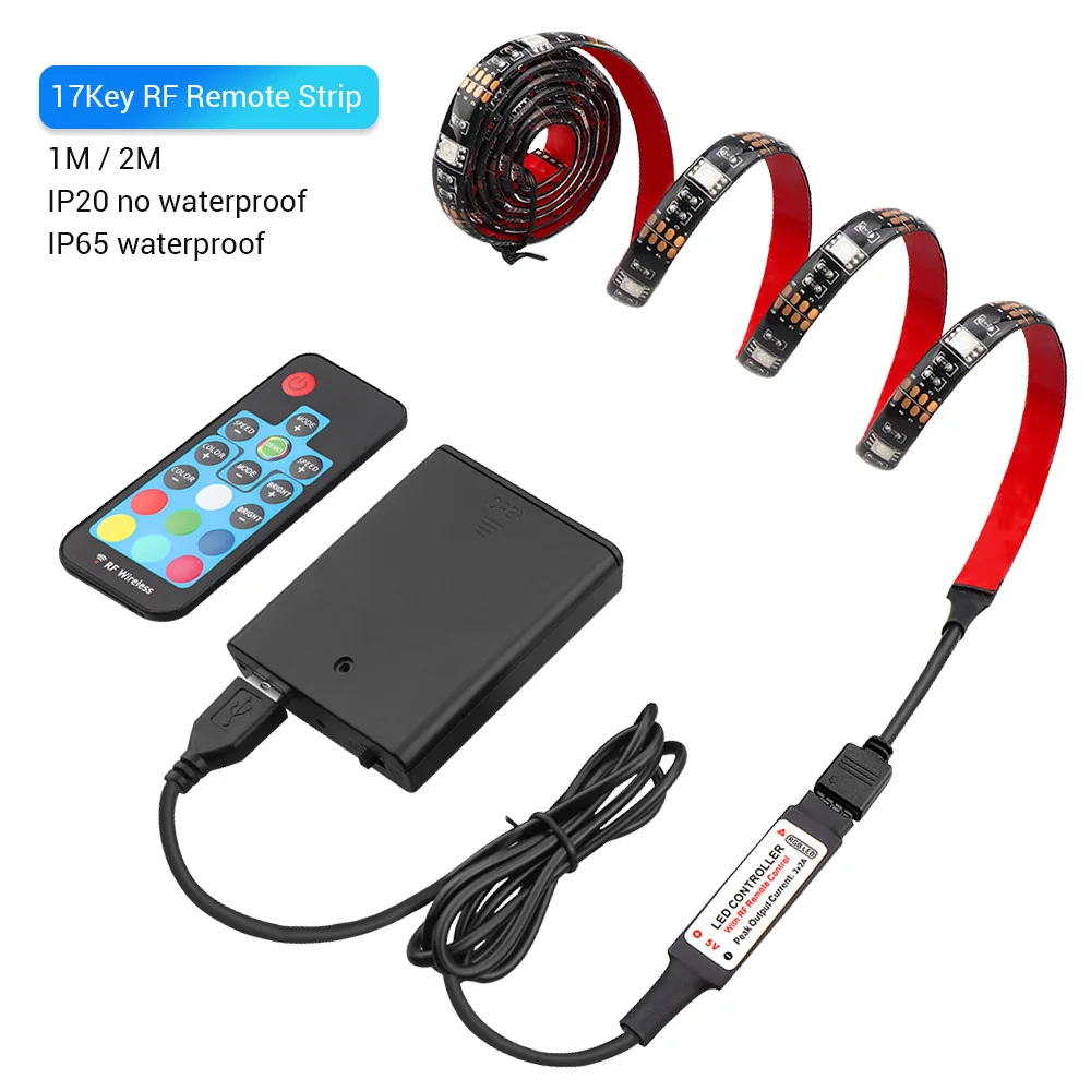 Светодиодная лента на батарейках 5 В, RGB, USB, 5050, гибкая, ТВ, настольный экран, фоновое освещение, светодиодная лента, водонепроницаемая, 1 м, 2 м, 17 ключей, RF