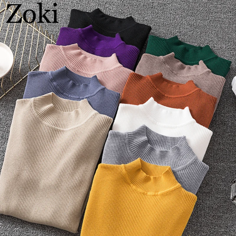 Zoki Autumn Warm Women Sweater Tight Half Turtleneck Elastic Solid Knitted Korean Pullovers Top Long Sleeve Winter Basic Jumper | Женская
