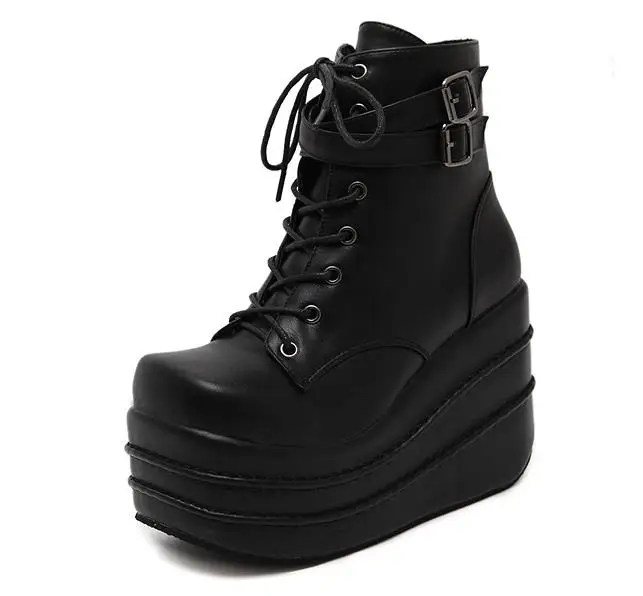 Размеры 35-42; Botas Mujer Plataforma; коллекция года; зимние женские ботинки; белые ботинки на высокой танкетке в стиле панк; ботинки на танкетке со шнуровкой