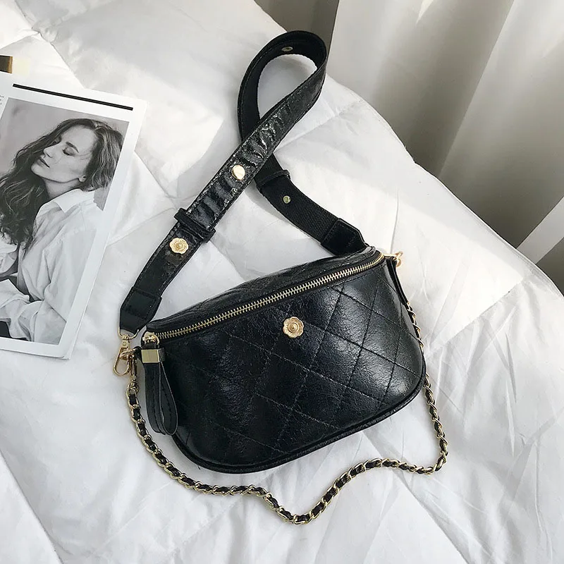 Black Waist pack Женская поясная сумка с цепочкой, нагрудные сумки большой емкости, сумки на бедрах, сумка через плечо из ПУ материала, сумка на плечо - Цвет: Black Waist pack