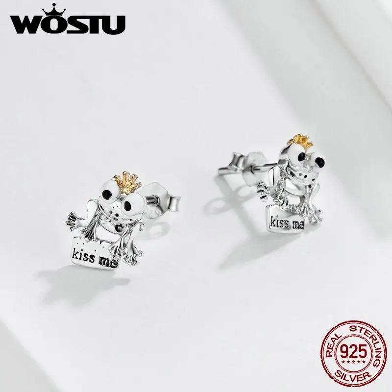 WOSTU, Настоящее серебро, 925 пробы, серьги Kiss Me, корона, серьги лягушки для женщин,, массивное, корейский стиль, ювелирное изделие CQE635