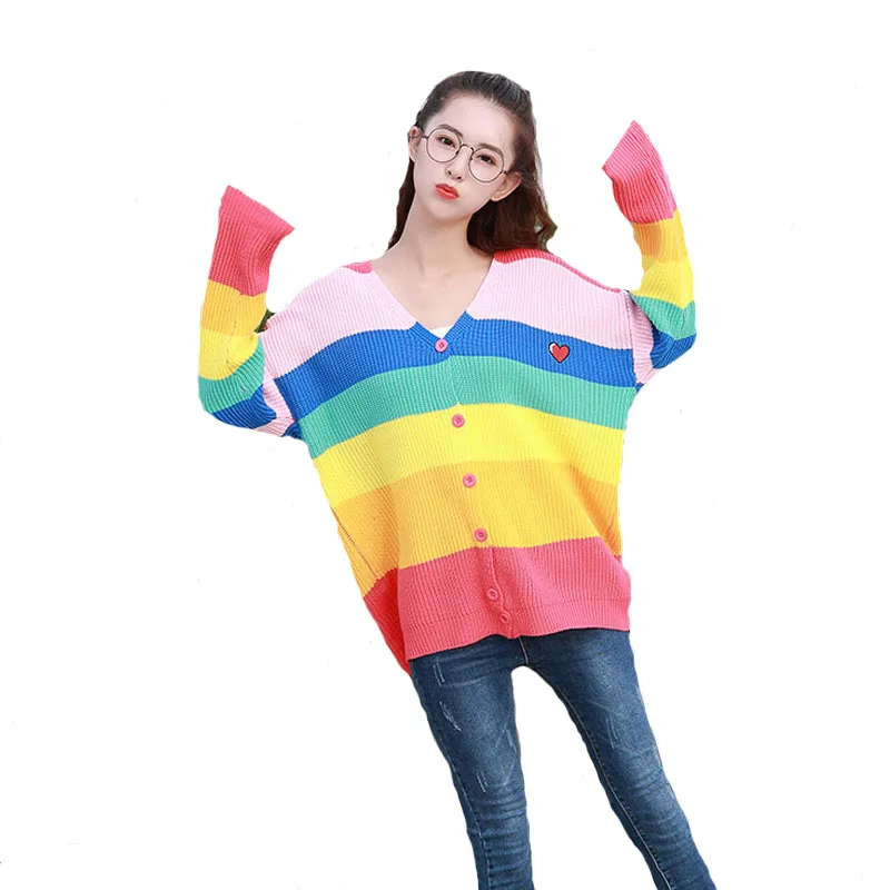2018 Women New vintage warm sweaters Rainbow Striped pullovers winter Spring knitted retro loose tops blusas | Женская одежда