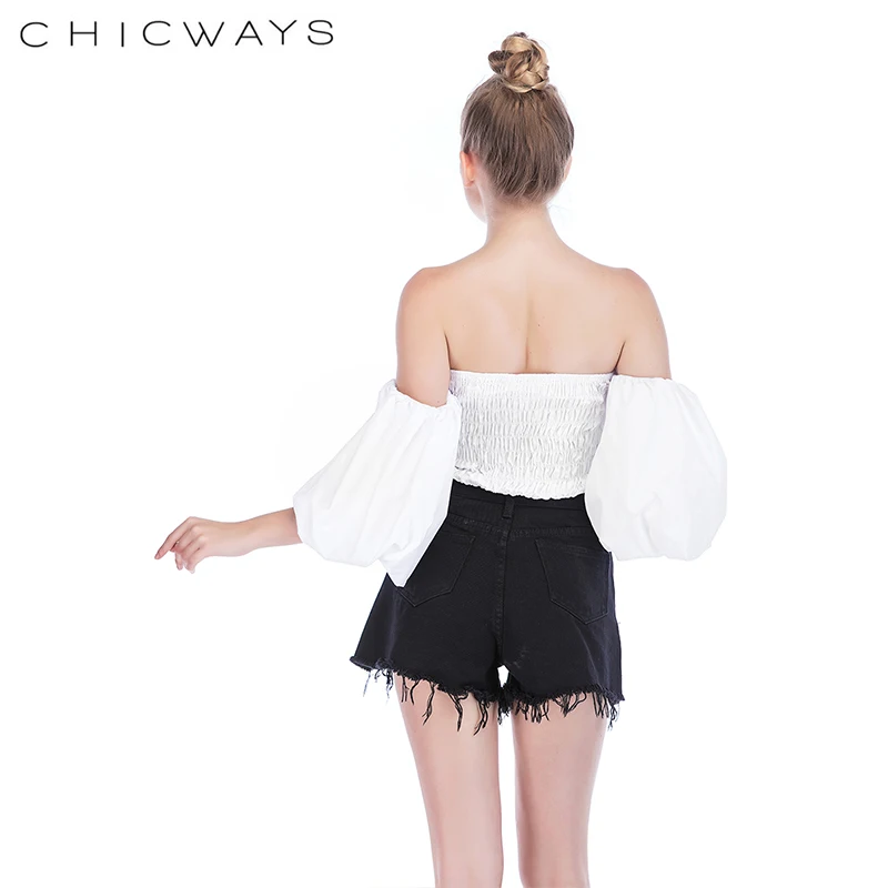 Chicways с открытыми плечами короткий рукав укороченный топ пышными рукавами