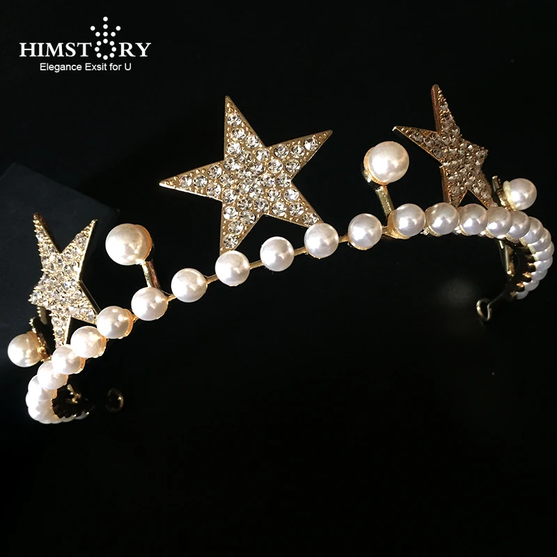 Himstory Fashion Gold Tiara Crown Crystal Pearl Headband Bridal Wedding Hair Jewelry Star Women Party Headpiece | Украшения и