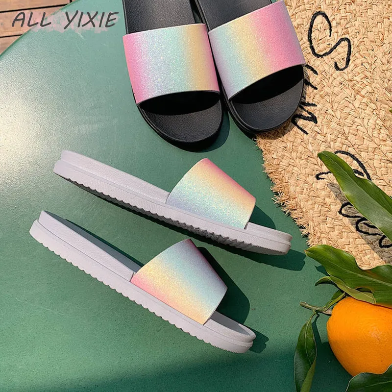 Все YIXIE2019 летние новые модные женские тапочки повседневные радужные шлепанцы на