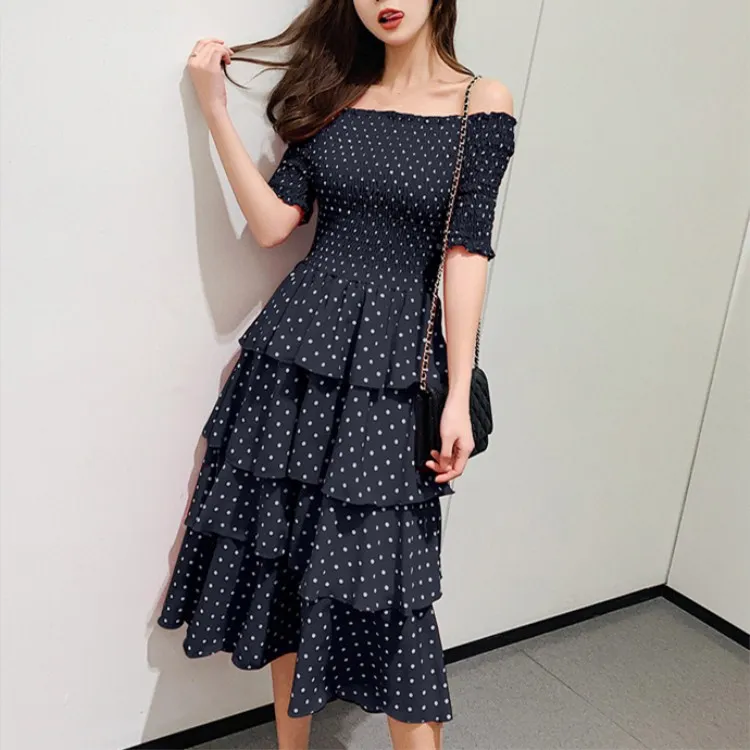 Summer Sweet Stretchy Chest Ruffled Dress Slash Neck Women Polka Dot Elegant Party Vestidos Ladies High Waist Cake Dresses | Женская