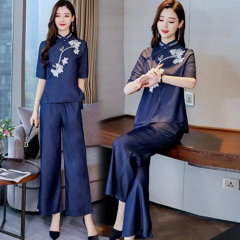 Женский брючный костюм комплект из 2 предметов китайский топ Чонсам и блузка с