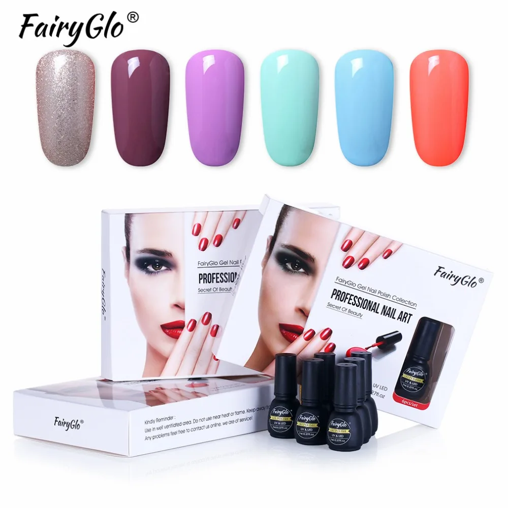 FairyGlo 6 шт./кор. набор гелевых ногтей УФ Однотонная Одежда Комплект гель-лаков для ногтей гибрид гель Лаки Краски покрытие для ногтей, полустойкое к Lucky лак для горячего тиснения клей