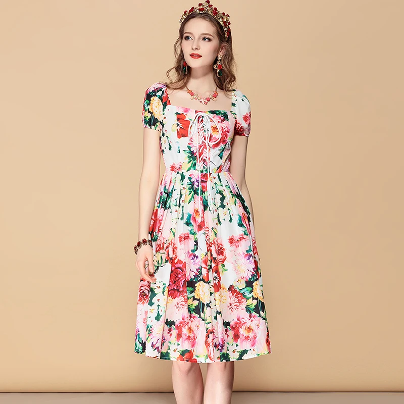 Baogarret 2019 Fashion Runway Summer Dress Women's Belted Floral Print Casual Holidays Party Slim Midi Elegant | Женская одежда