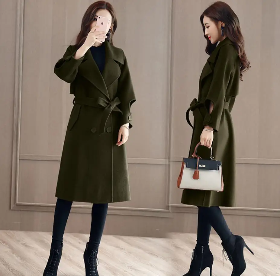 2020 зимнее двубортное шерстяное длинное пальто с поясом повседневное