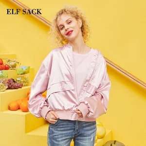 Женская куртка на молнии ELFSACK, Повседневная Свободная куртка с круглым вырезом и буквенным принтом, верхняя одежда, 2019