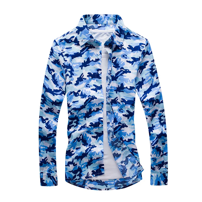Мужская рубашка с цветочным принтом camisa masculina повседневная приталенная длинным