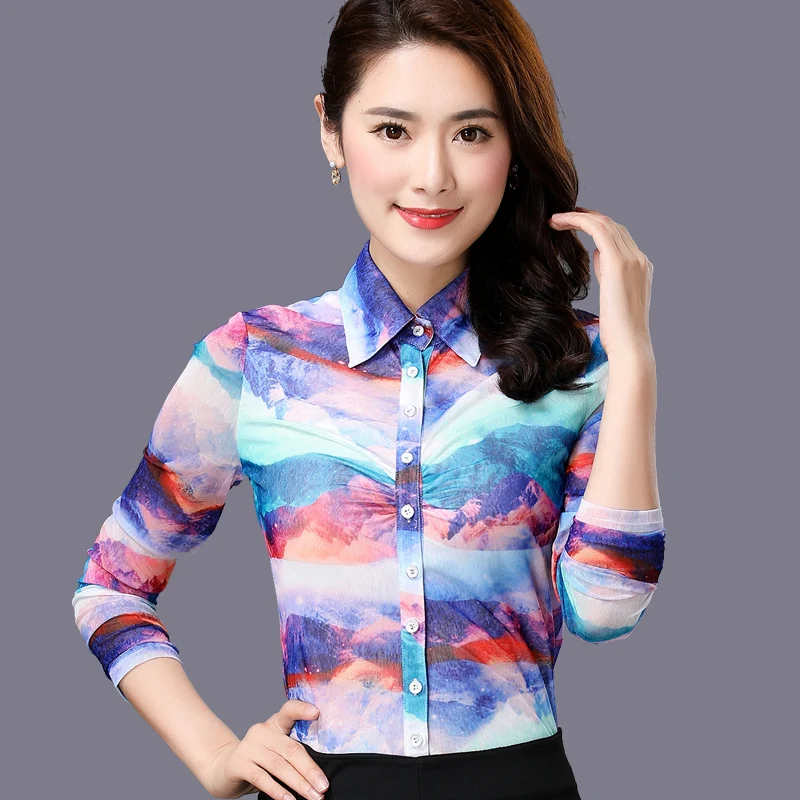 Spring Fall Fashion Office Lady Women Printed 3XL Stretch Mesh Blouse , Female Summer Printed 2018 New Blouses  Shirts For Woman