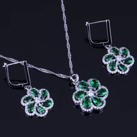 charming green cubic zirconia white cz silver plated jewelry sets earrings pendant chain v0017
