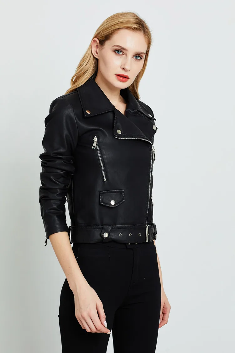 black England zipper beading pu leather jackets female great quality was leather jackets Кожаная одежда with belt wq2129 wholesale - Цвет: black