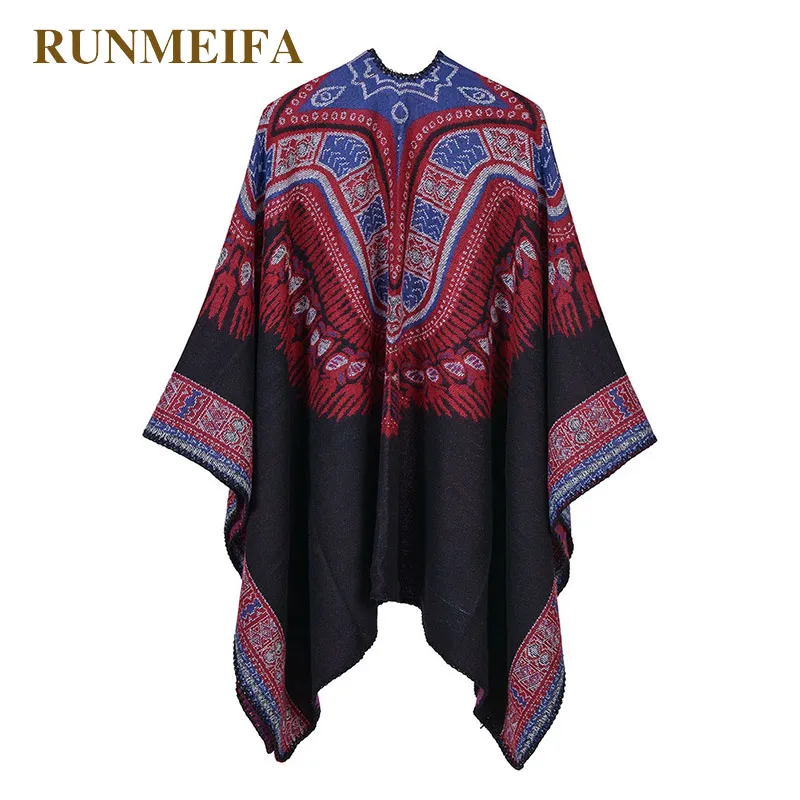 Женская вязаная накидка RUNMEIFA кашемировая в стиле ретро с двумя сторонами пончо| |