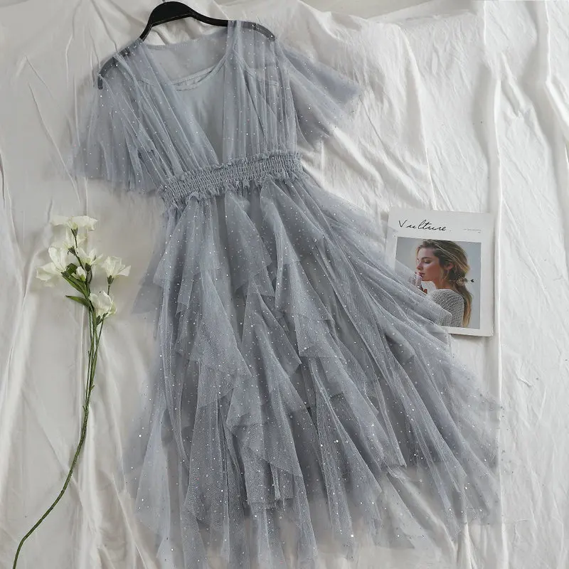 Women Dress Женское летнее платье с v-образным вырезом и расклешенными рукавами, с блестками, с оборками, Тюлевое платье, эластичное, тонкое, асимметричное, пуловер, сетка, марля, вуаль, платье миди - Цвет: Women Dress