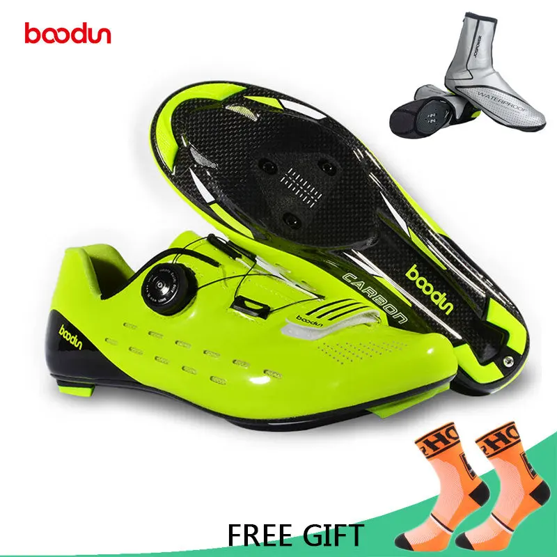 with overshoes Boodun, профессиональная велосипедная обувь из углеродного волокна, Мужская обувь для гонок, шоссейного велосипеда, Ультралегкая дышащая обувь, самоблокирующиеся велосипедные кроссовки - Цвет: with overshoes